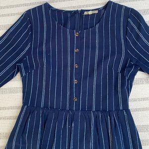 Roolee Navy Blue Striped Button-Front Midi Dress